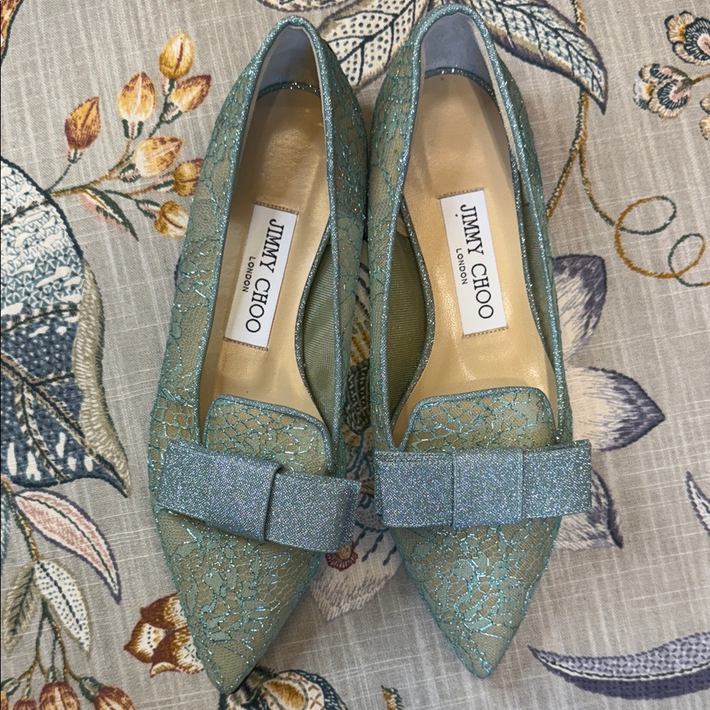 Jimmy Choo Women's Teal Lace Gala Flats with Glitter Bow